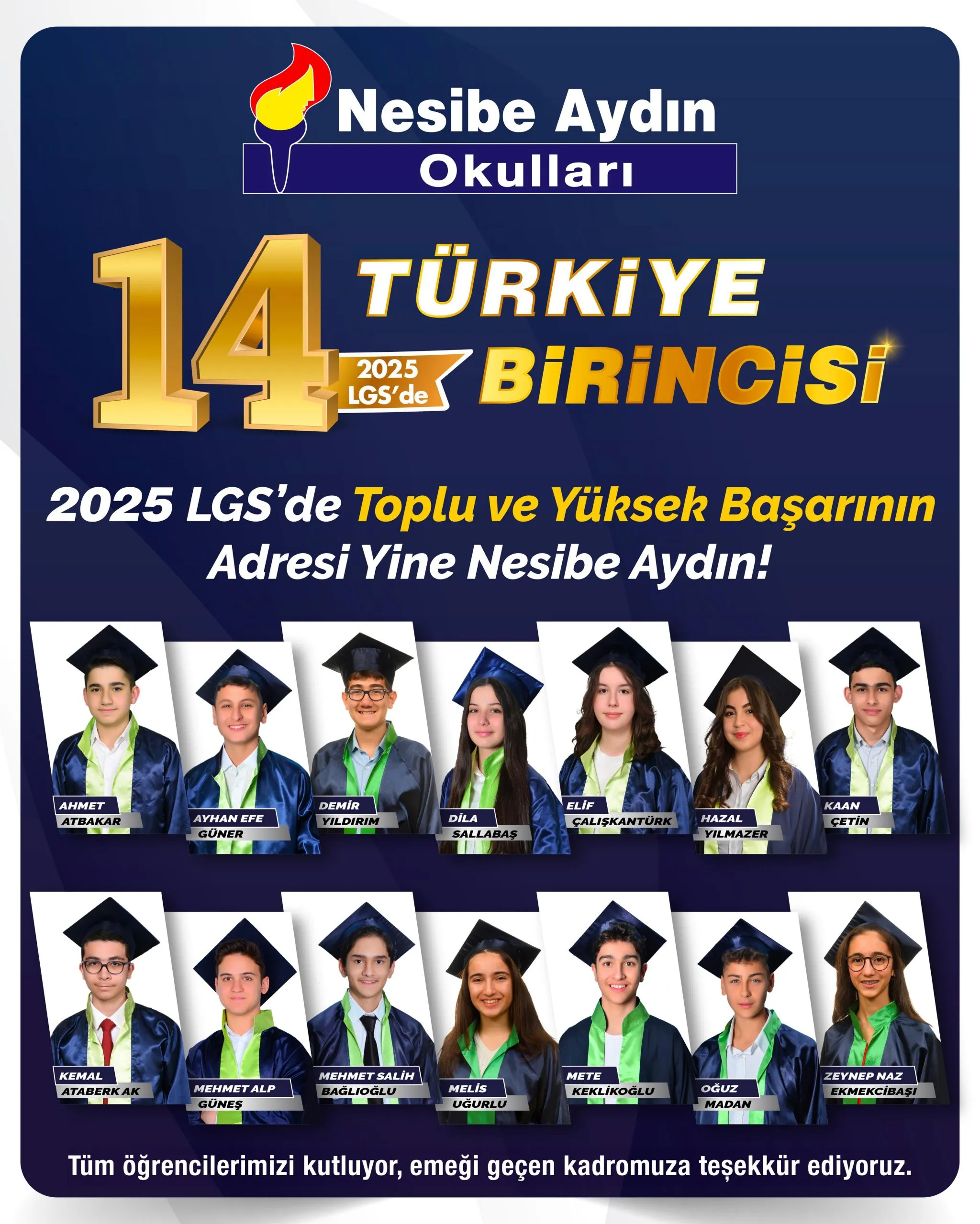 2025 LGS'de 14 Türkiye birincisi duyurusu: tam puan alan öğrencilerin mezuniyet fotoğrafları ve adları