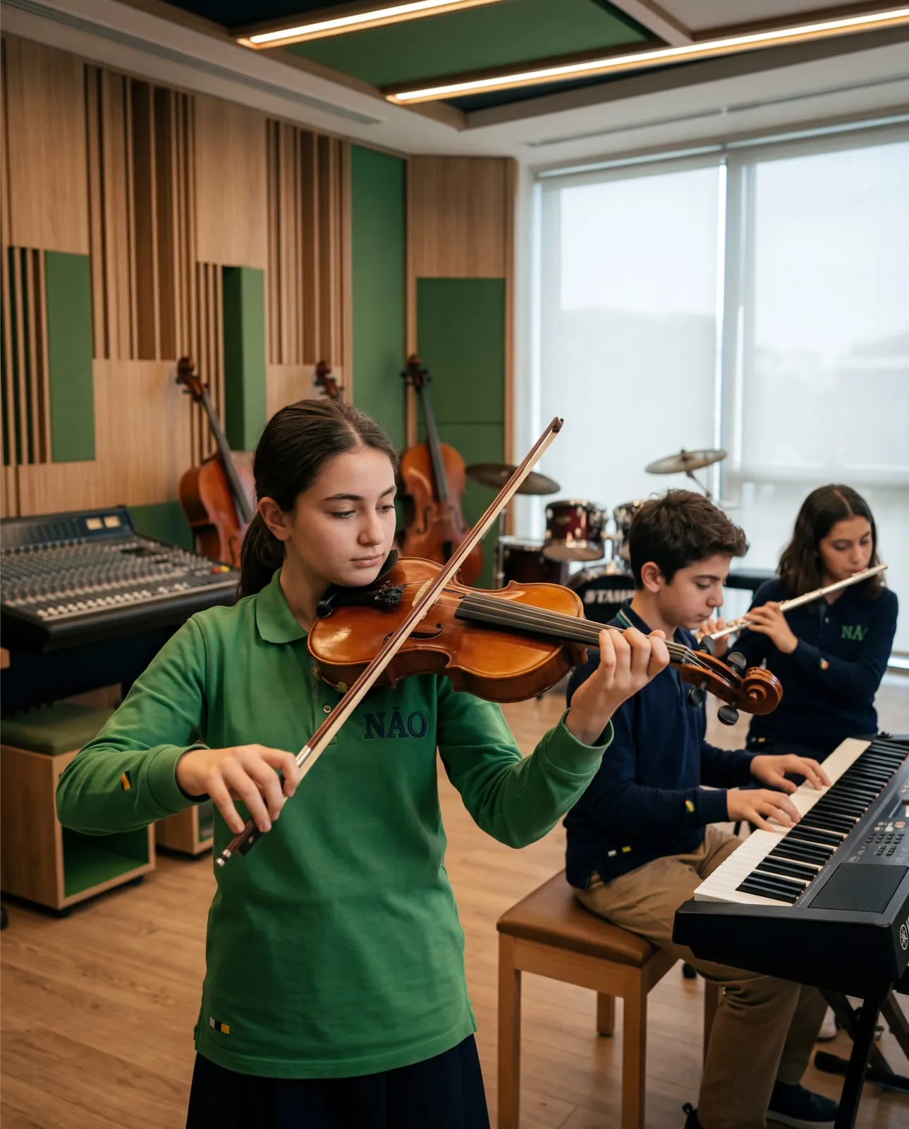 Öğrenciler müzik atölyesinde keman ve piyano çalıyor