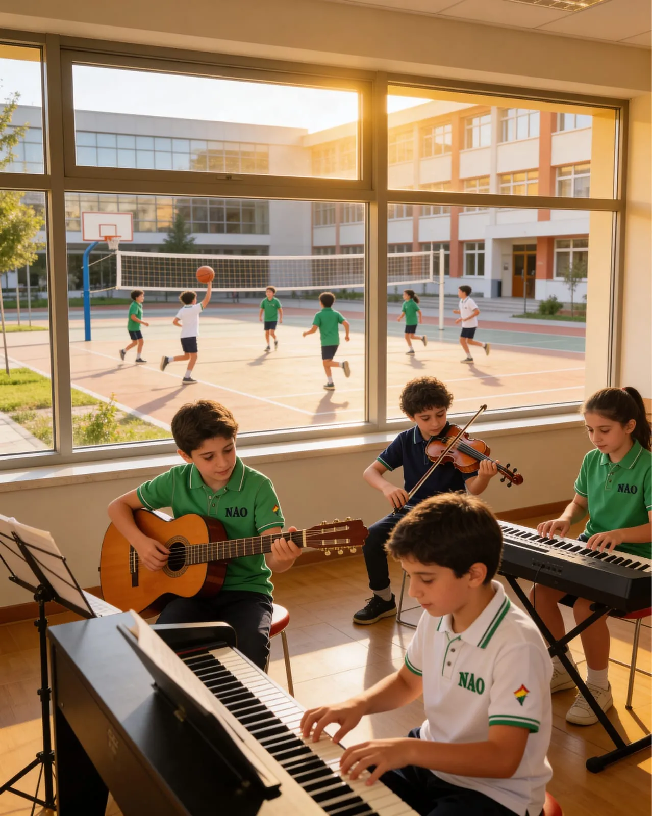 Öğrenciler müzik sınıfında gitar, keman ve piyano çalıyor