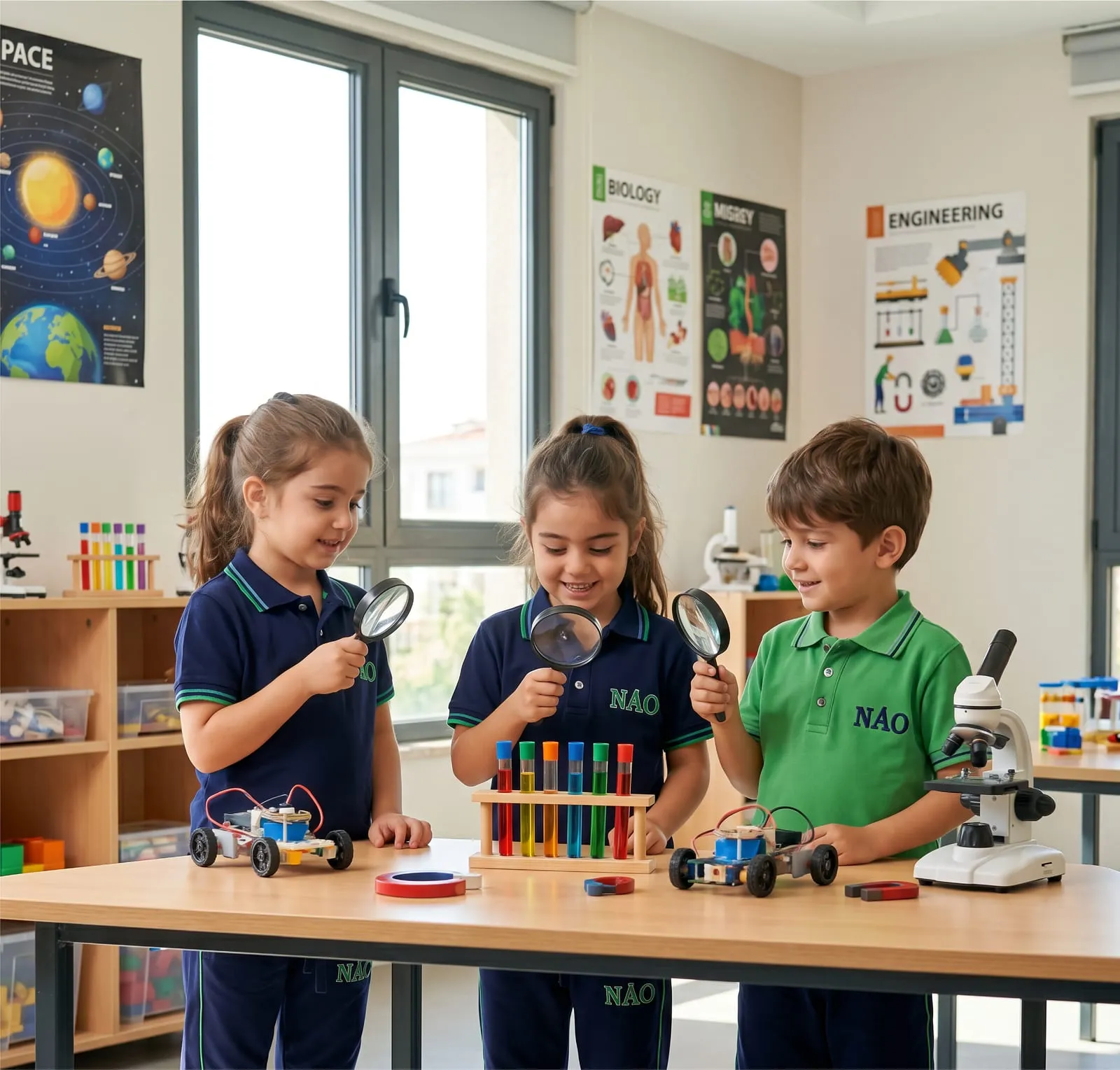 Okul öncesi öğrencileri büyüteç ve mikroskopla küçük deneyler yapıyor