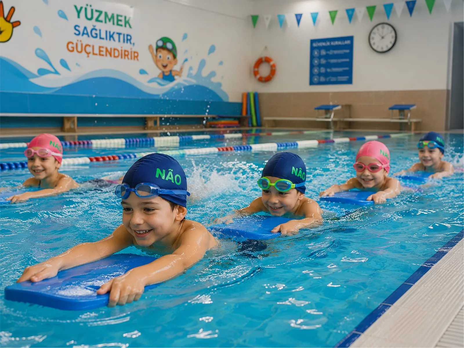 İlkokul öğrencileri yüzme dersinde havuzda