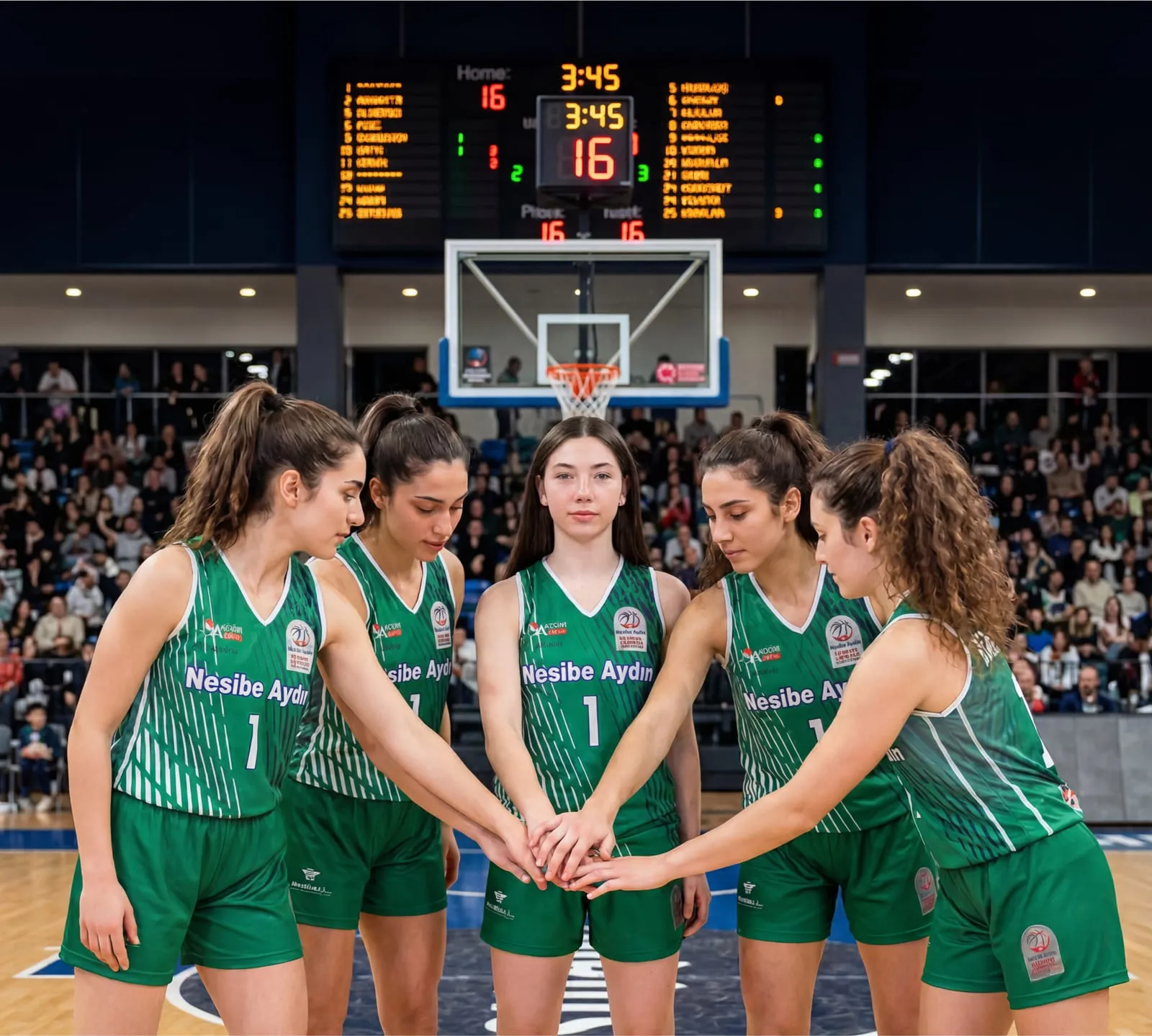 Okulun kız basketbol takımı maç öncesi el ele