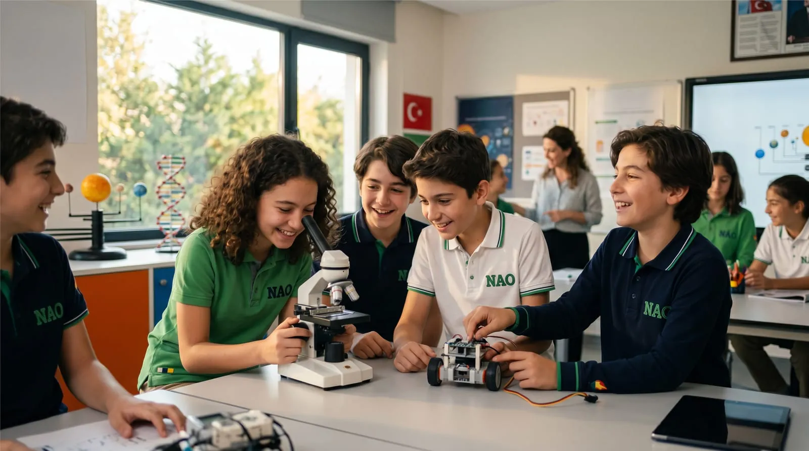 Öğrenciler fen sınıfında mikroskop ve robotla çalışıyor