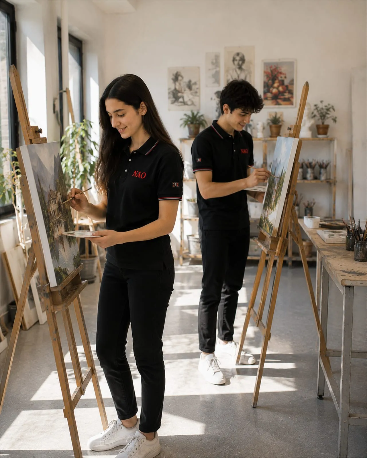 Öğrenciler resim atölyesinde tuval başında