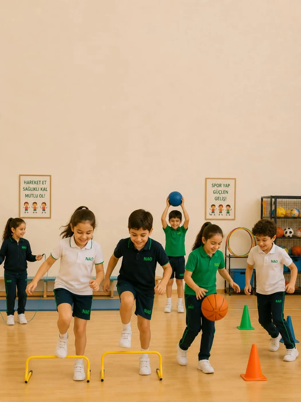 İlkokul öğrencileri spor salonunda engel atlama ve top oyunlarıyla beden eğitimi dersi yapıyor