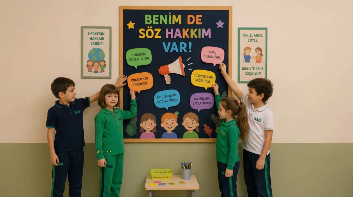 İlkokul öğrencileri "Benim de söz hakkım var" panosuna konuşma balonları yerleştiriyor
