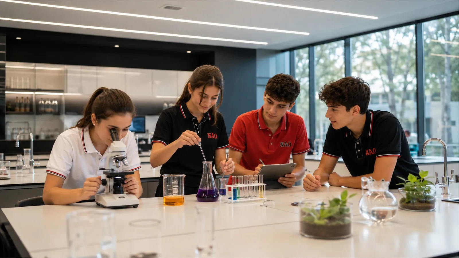 Fen lisesi öğrencileri laboratuvarda mikroskop ve deney tüpleriyle çalışıyor