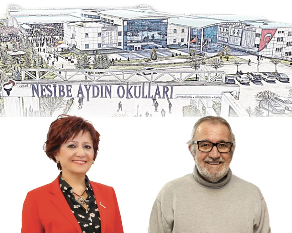 Kurucularımız Nesibe Aydın ve Hüsamettin Aydın, arka planda Gölbaşı Kampüsü'nün çizimi