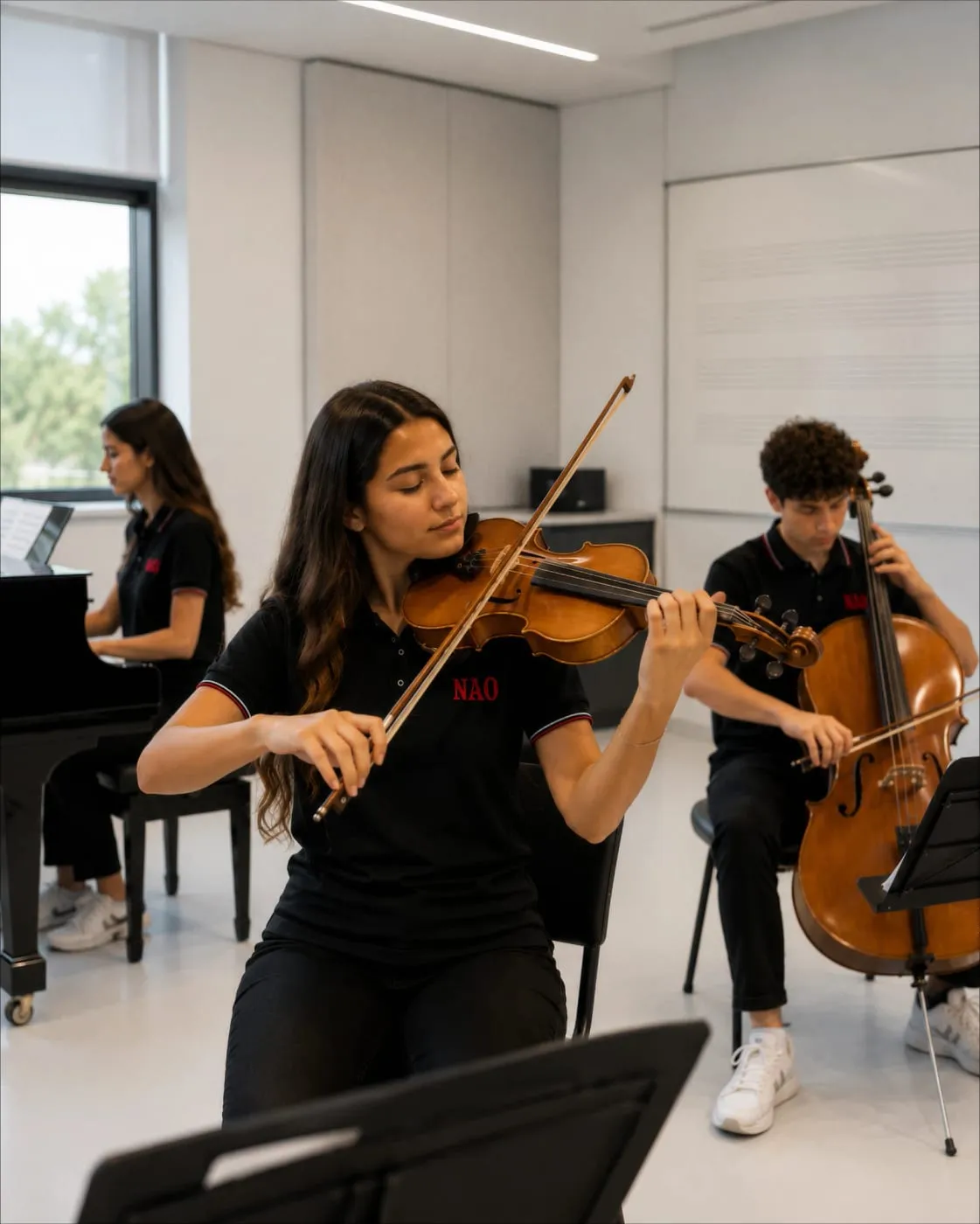 Lise öğrencileri müzik odasında keman, viyolonsel ve piyano çalıyor