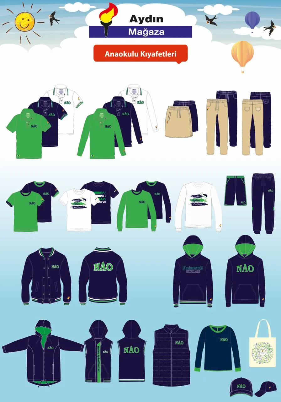 Aydın Mağaza anaokulu kıyafetleri: yeşil, lacivert ve beyaz tişört, polo yaka, sweatshirt, mont ve eşofman modelleri