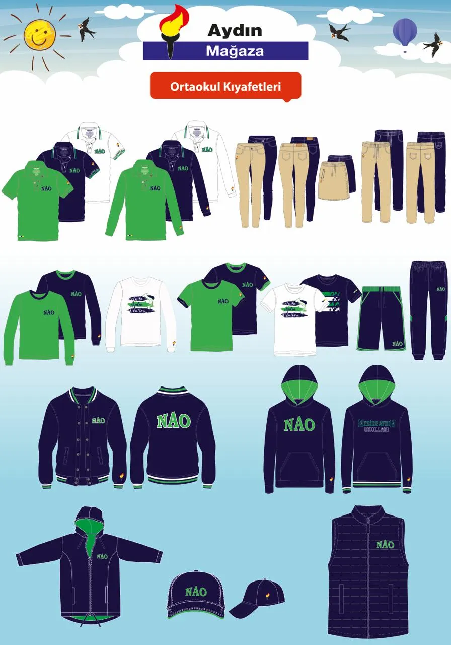 Aydın Mağaza ortaokul kıyafetleri: yeşil, lacivert ve beyaz tişört, polo yaka, sweatshirt, mont, yelek ve şapka modelleri