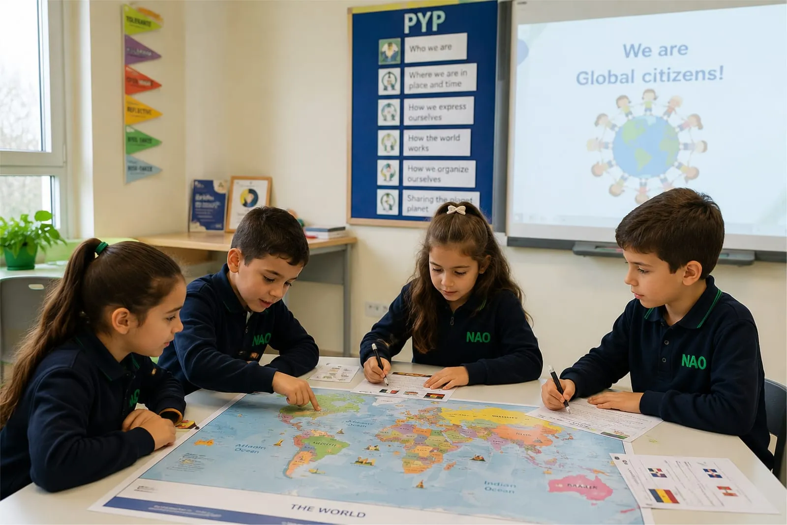İlkokul öğrencileri PYP panosunun önünde dünya haritası üzerinde çalışıyor
