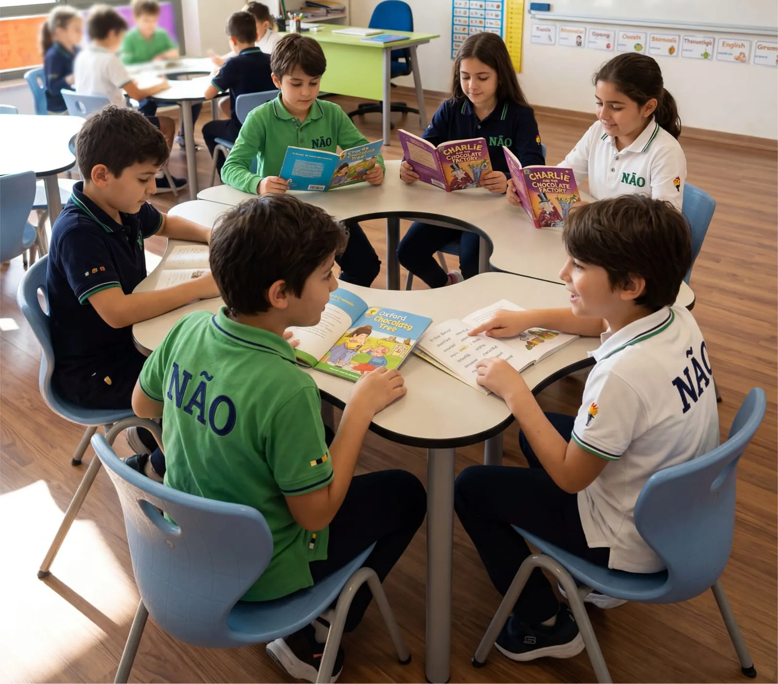 Öğrenciler yuvarlak masa çevresinde grup çalışması yapıyor