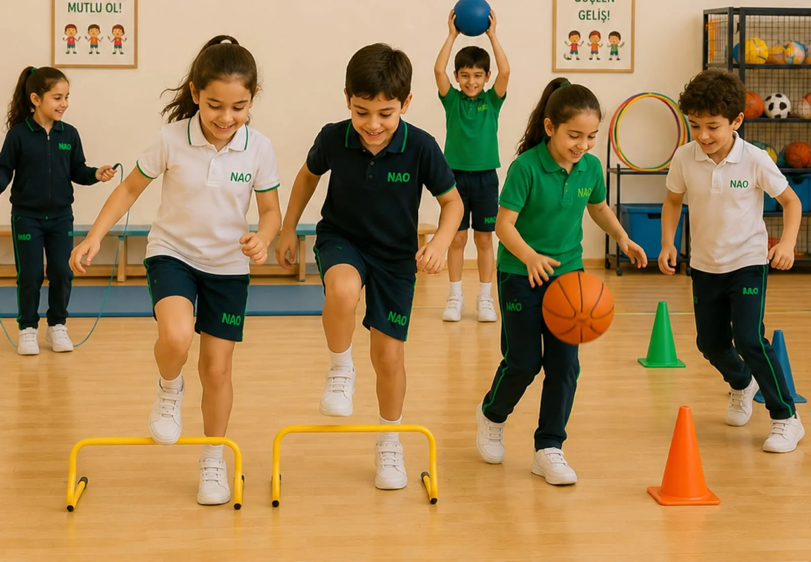 Öğrenciler spor salonunda koşu ve top çalışması yapıyor
