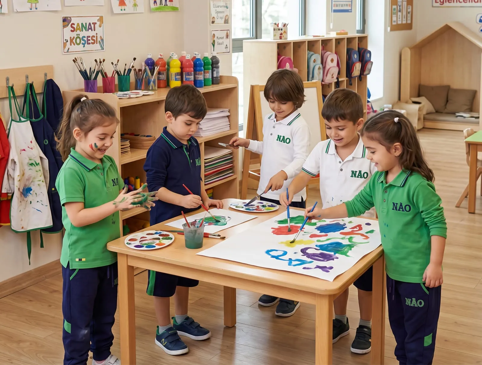 Çocuklar sanat köşesindeki masada birlikte boyama çalışması yapıyor