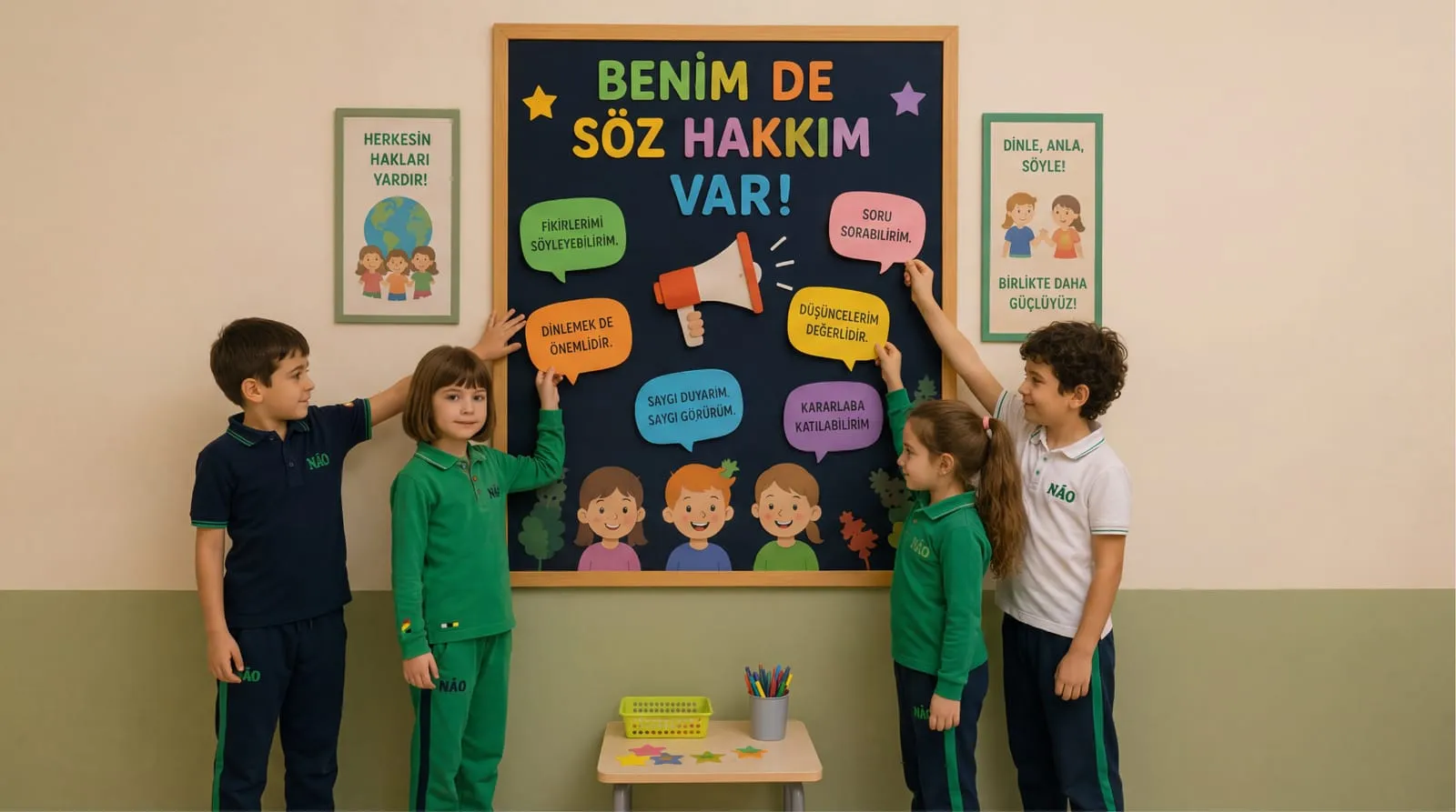 Öğrenciler "Benim de söz hakkım var" panosunun önünde birlikte çalışıyor